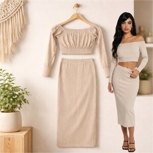 🛍️ Women’s beige off shoulder, cropped Mila midi skirt set NWT